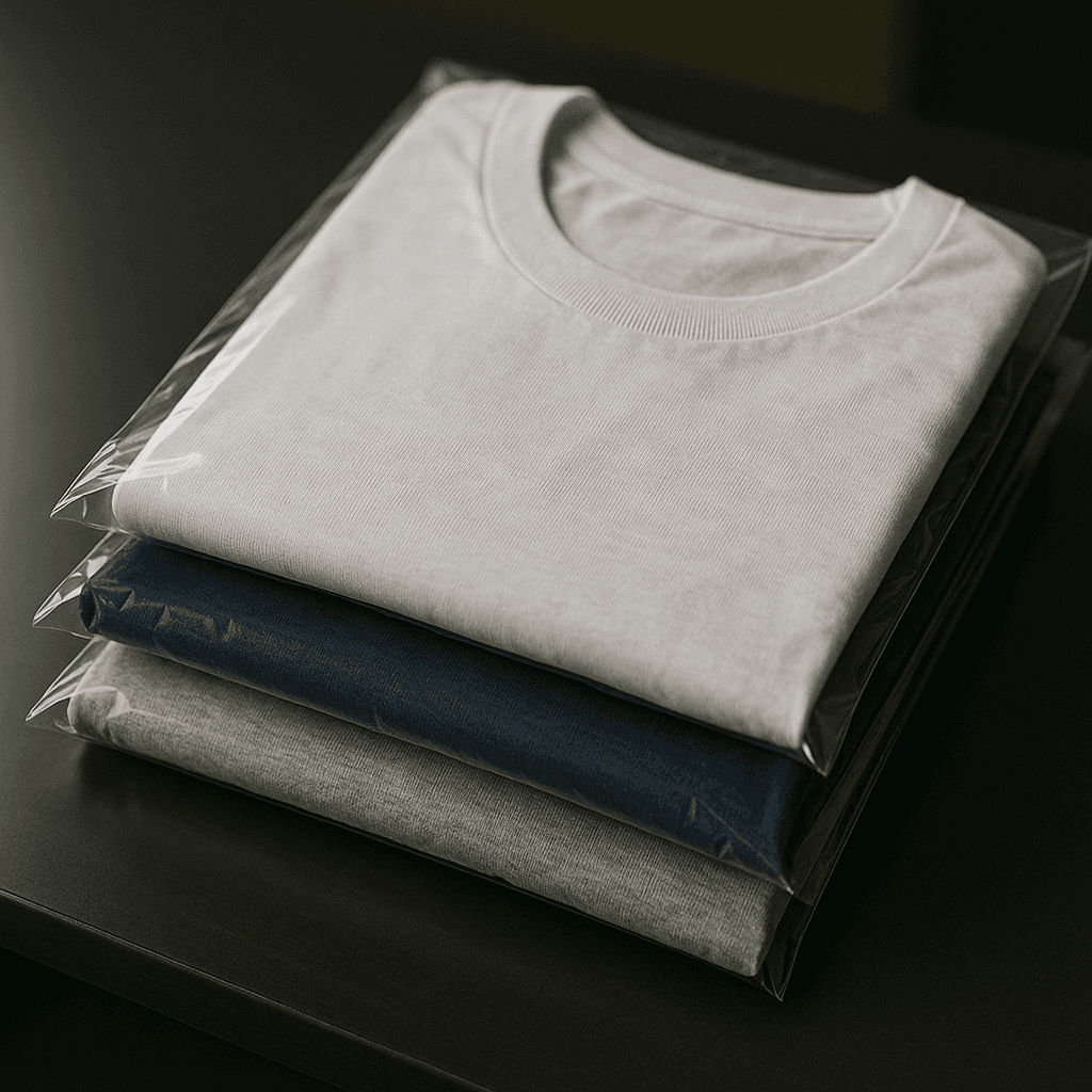 Close-up of a folded black tee with bold print